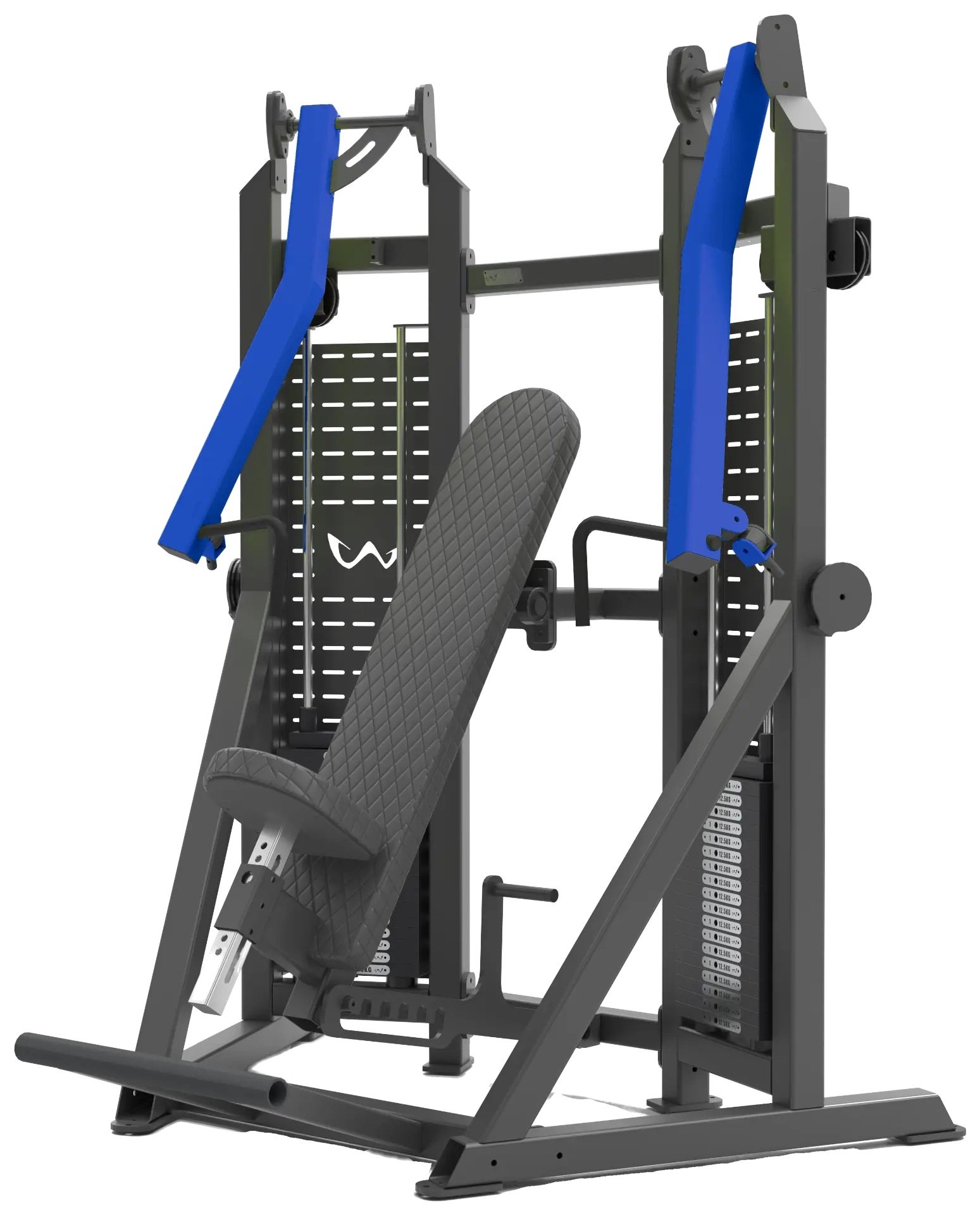 Watson chest press, matte black frame with royal blue arms