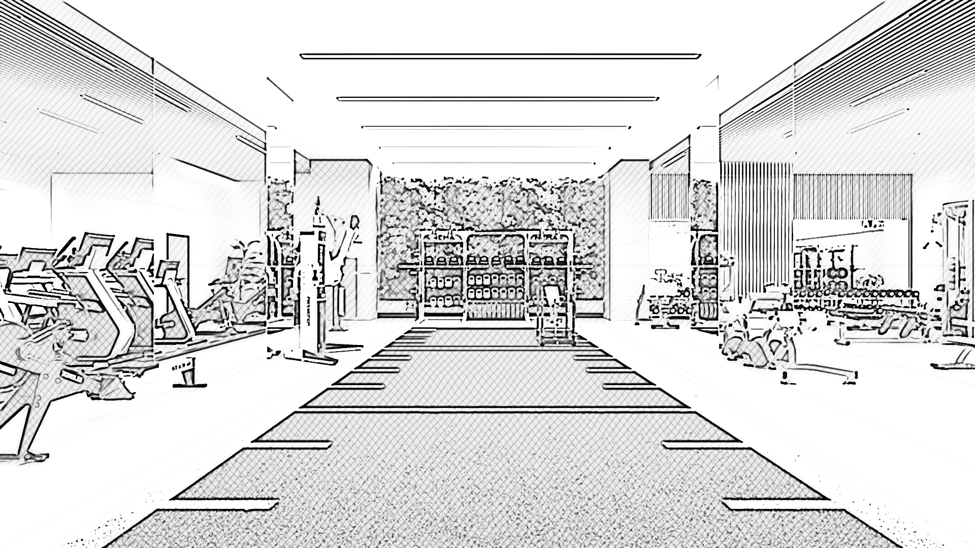 Gym design sketch: strength and cardio equipment laid out