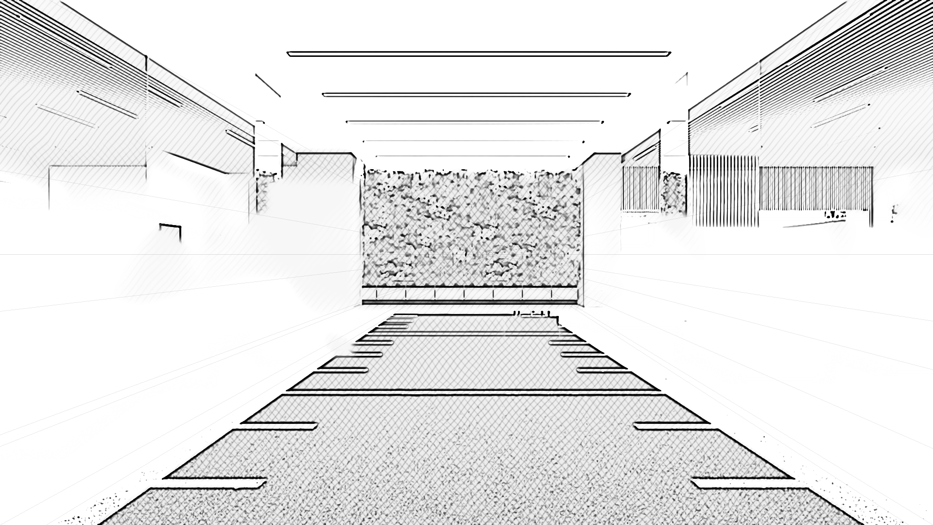 Gym design sketch: flooring, walls and finishes added