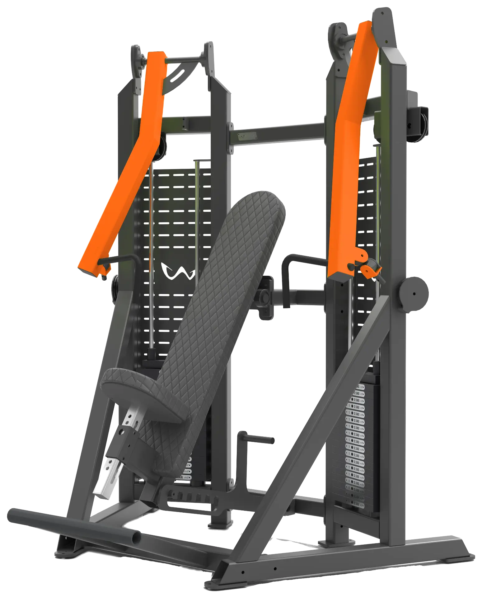 Watson chest press, matte black frame with safety orange arms