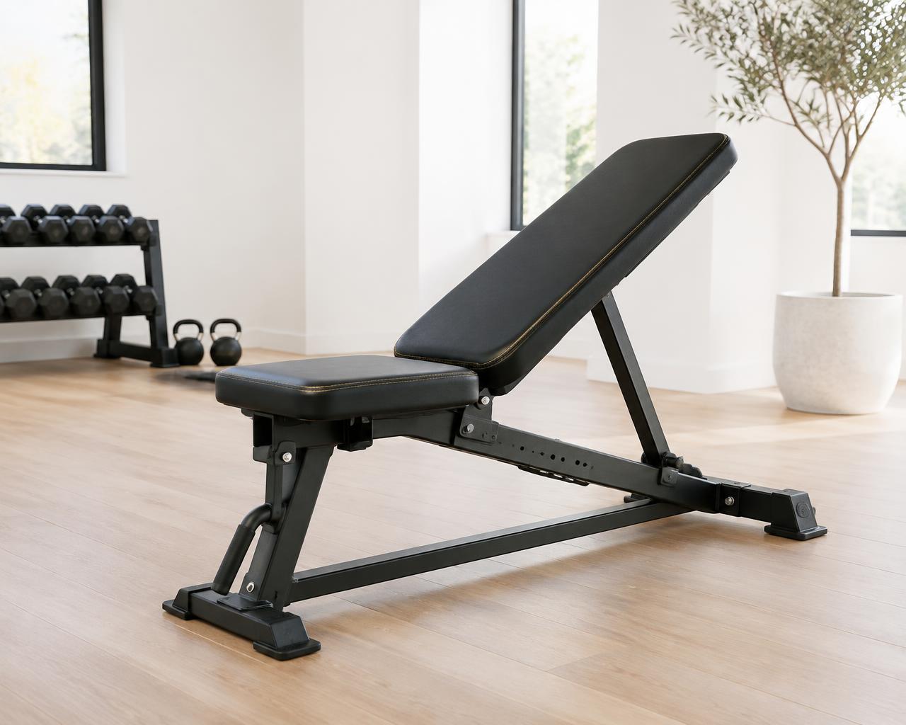 Custom-upholstered training bench with brand color stitching