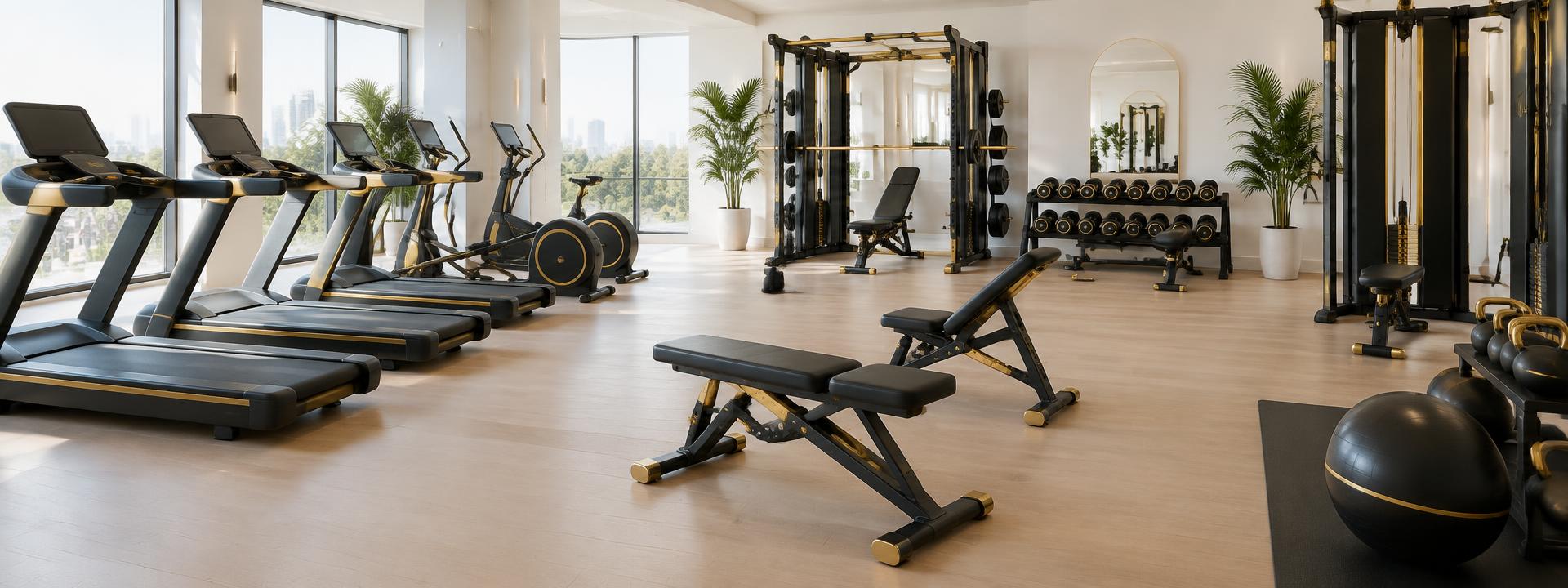 Custom-finished gym floor with coordinated black and gold equipment