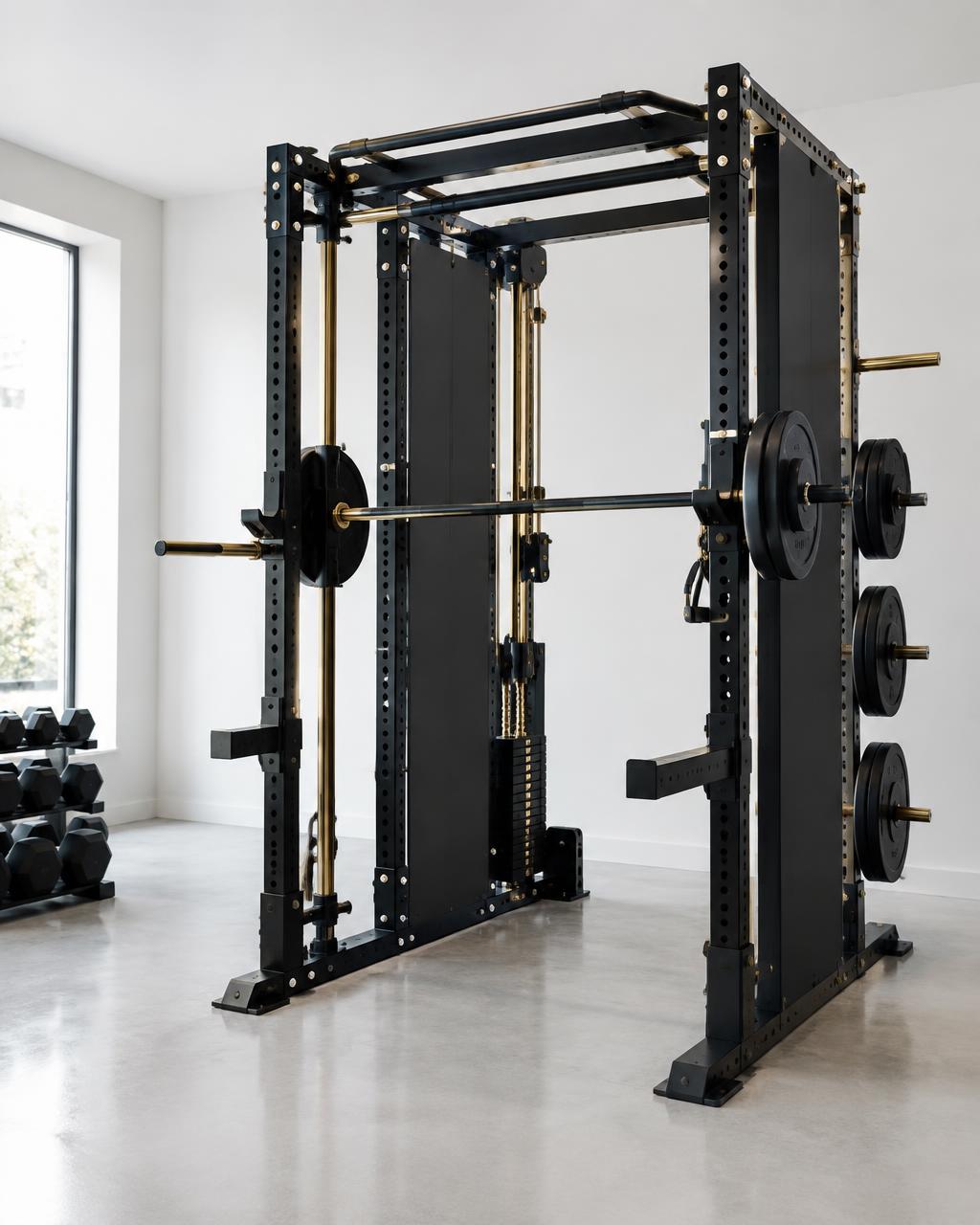 Custom strength rig with black shrouds and gold accents