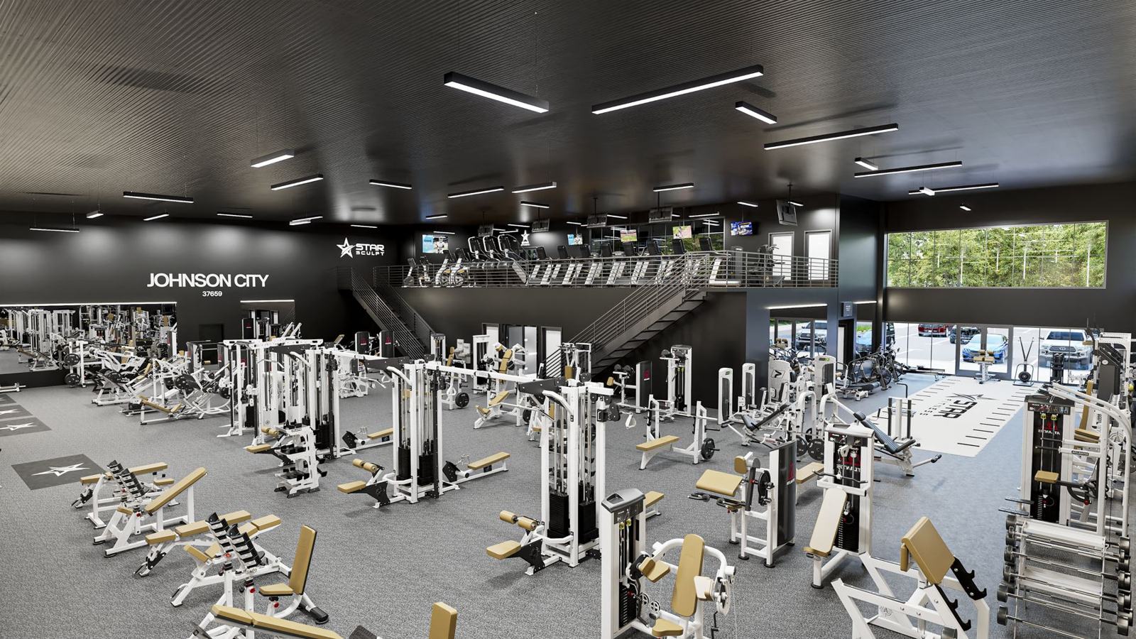 Commercial gym design: full-service health club with strength floor and cardio deck in Tennessee