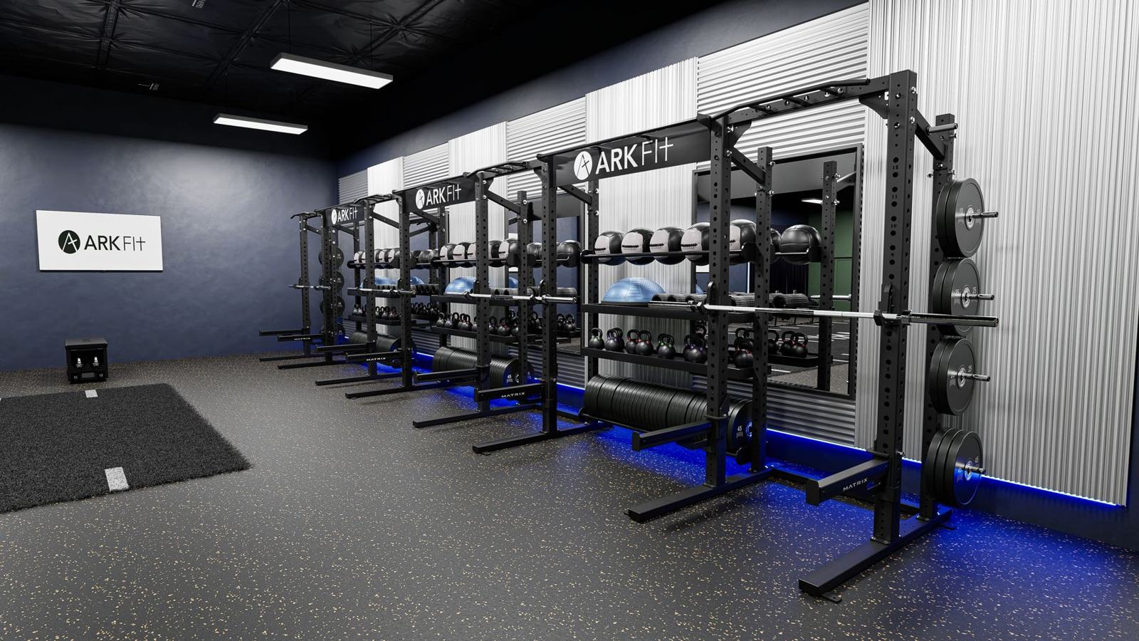 Strength and recovery club: gym design render, view 1