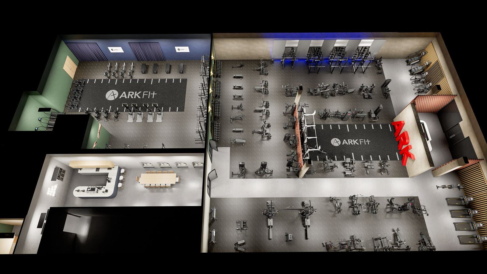 Strength and recovery club: gym design render, view 2