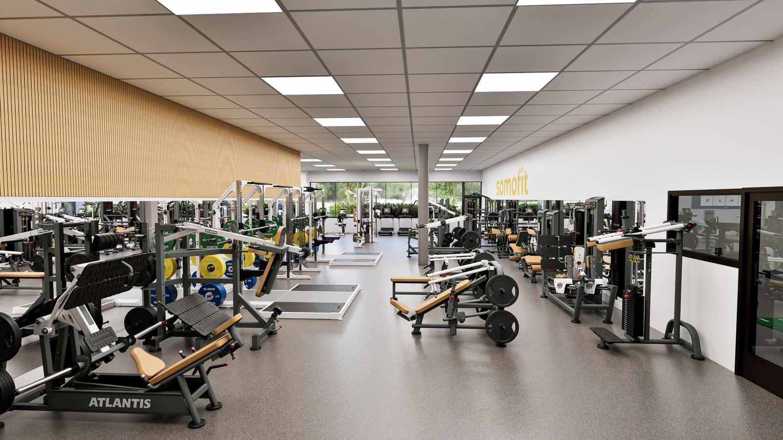 Boutique club with recovery: gym design render, view 1