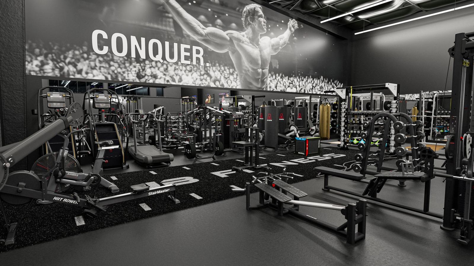 Strength gym with retail: gym design render, view 2