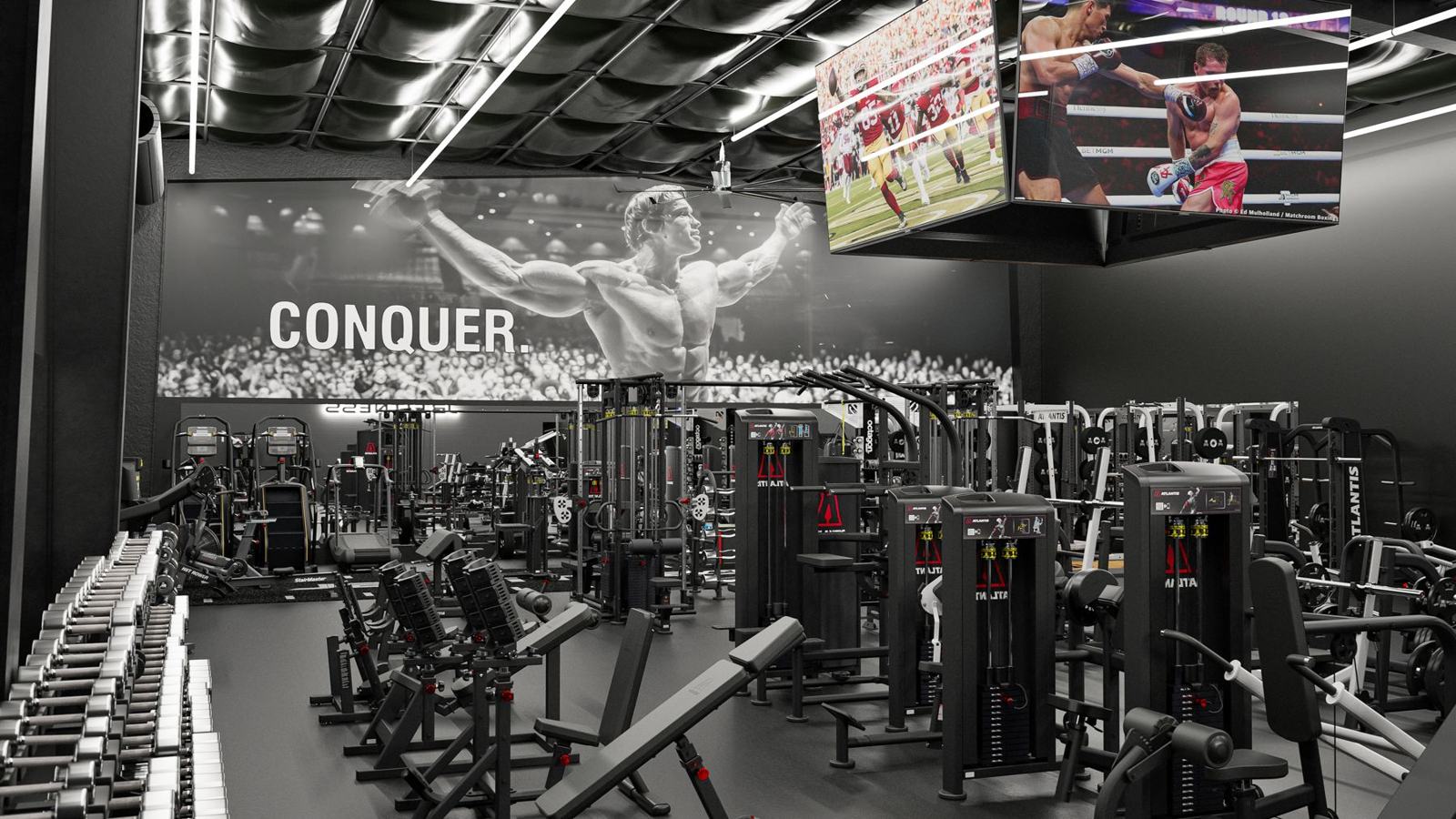 Strength gym with retail: gym design render, view 3