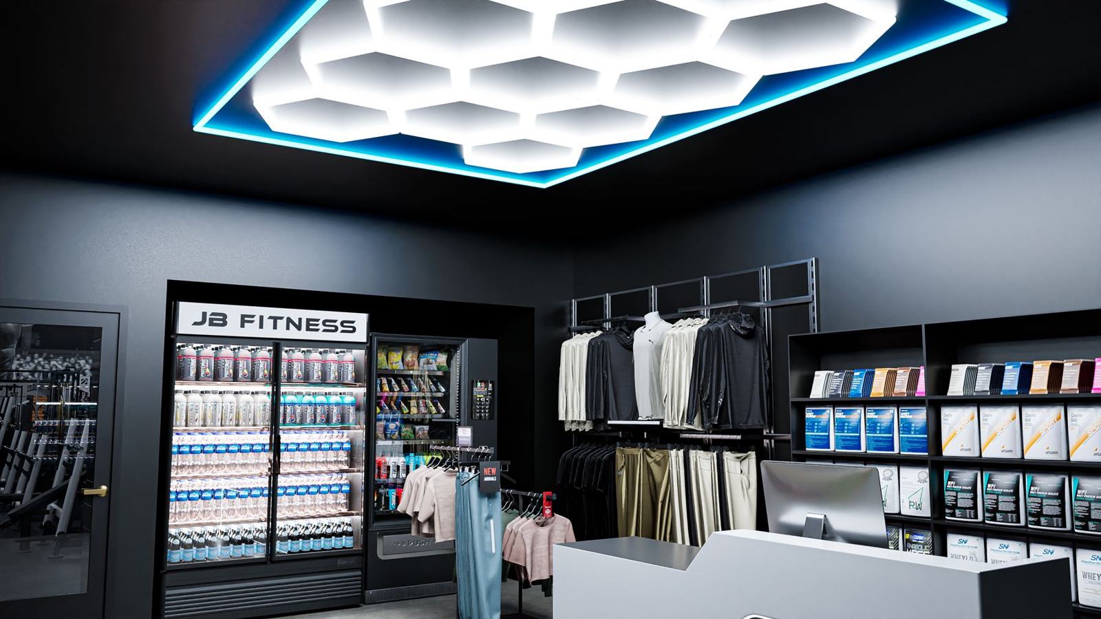 Strength gym with retail: gym design render, view 5