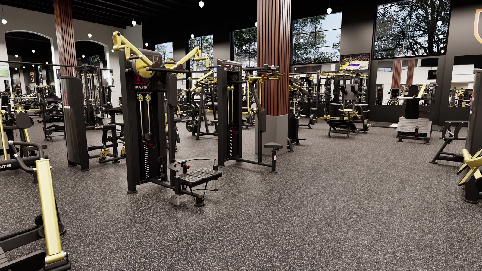 Timber-frame health club: gym design render, view 1