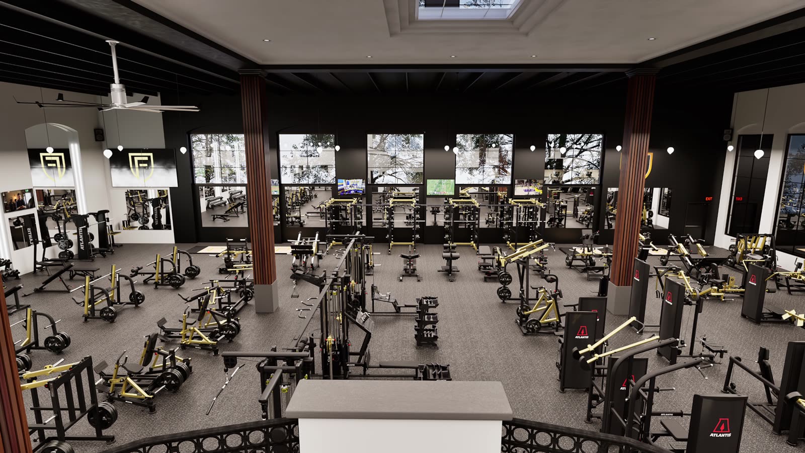 Timber-frame health club: gym design render, view 2