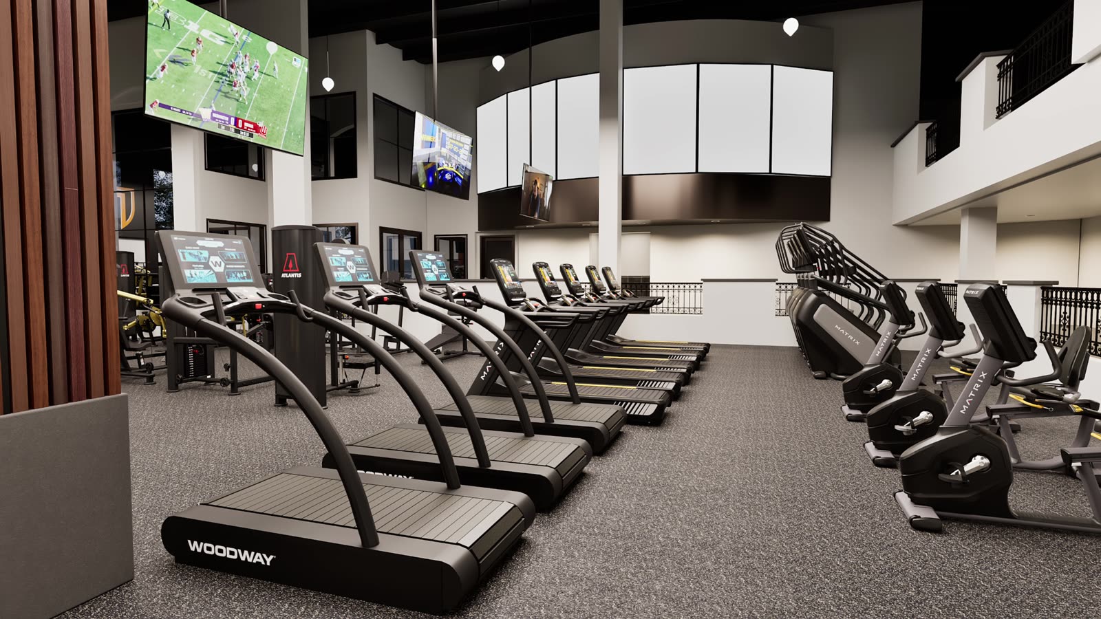 Timber-frame health club: gym design render, view 3