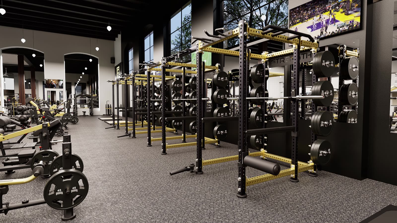 Timber-frame health club: gym design render, view 4