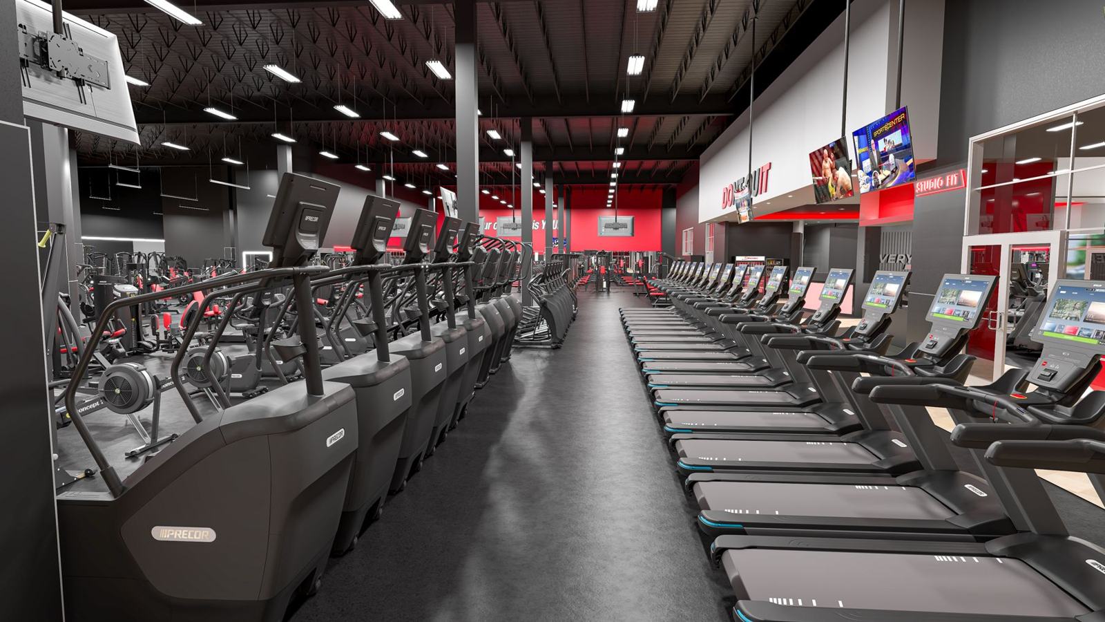 Large-format health club floor with long cardio lines and open strength and turf training areas