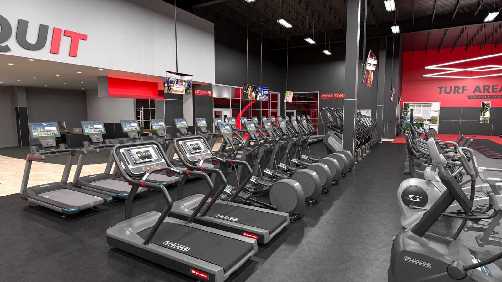 Large-format health club: gym design render, view 4