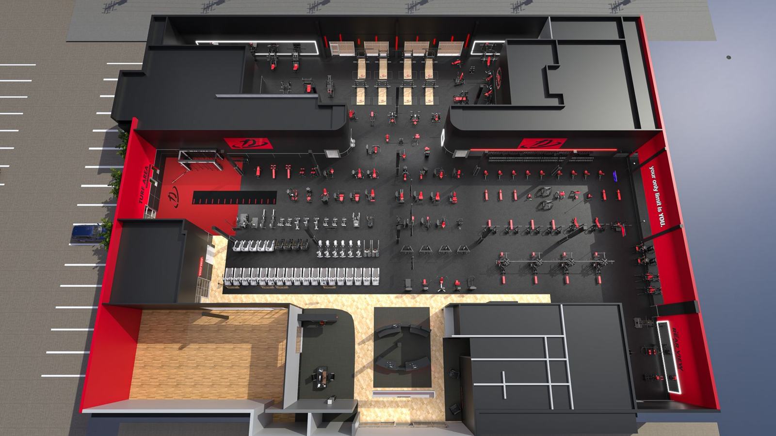 Large-format health club: gym design render, view 5