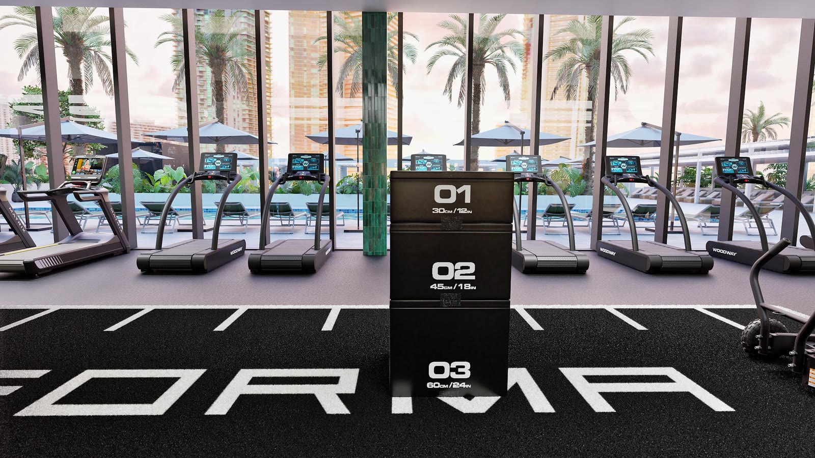 Luxury residential tower · Miami: gym design render, view 8