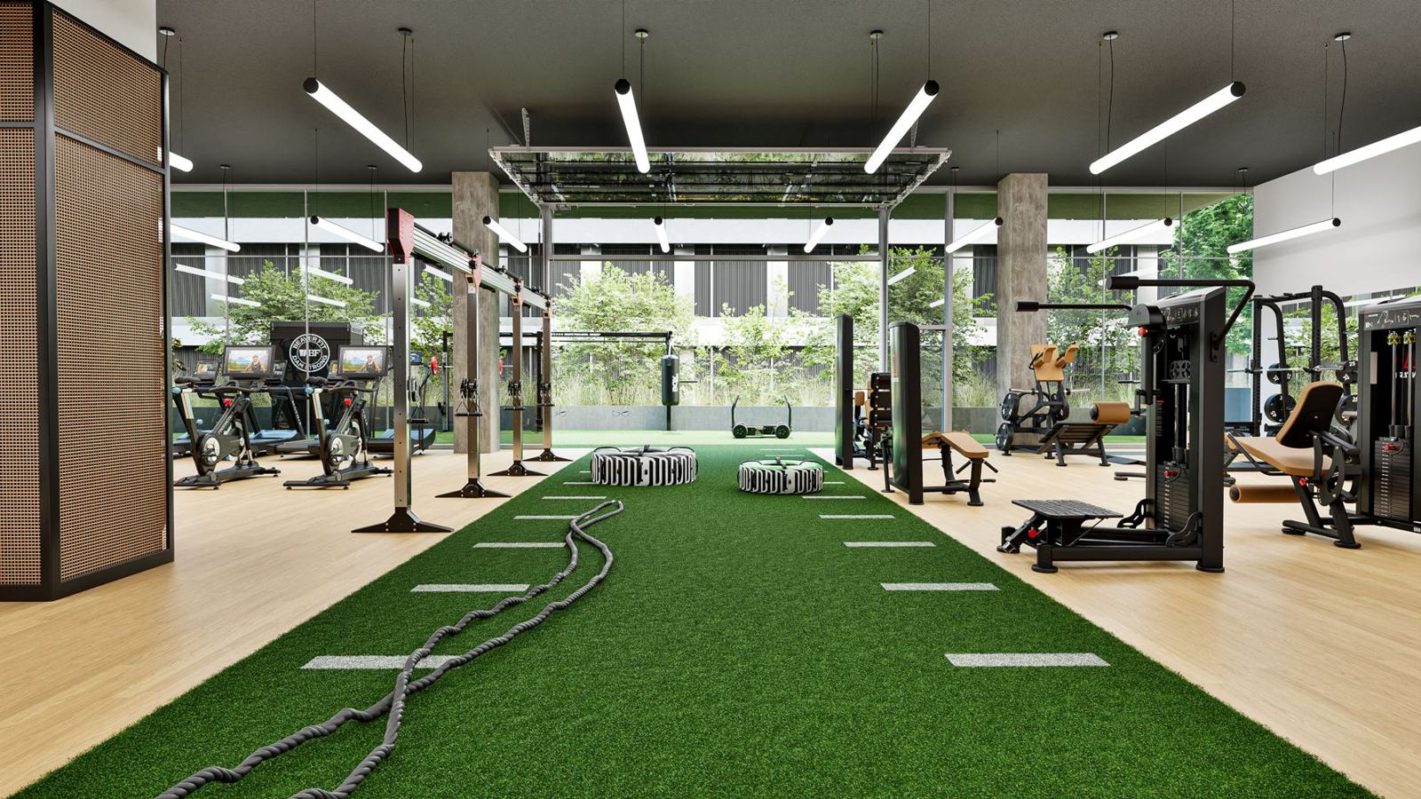 Corporate fitness center design opening onto a garden courtyard