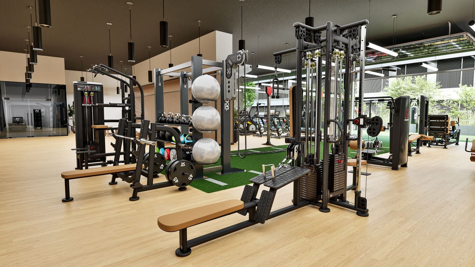 Corporate campus with courtyard: gym design render, view 3