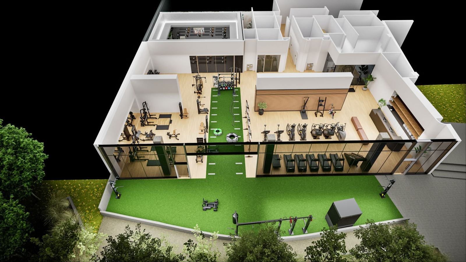 Corporate campus with courtyard: gym design render, view 6