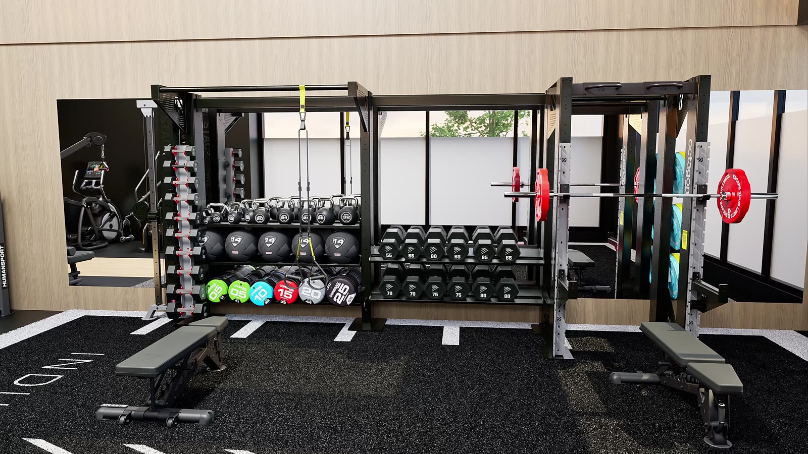 Corporate fitness center · Bay Area: gym design render, view 3