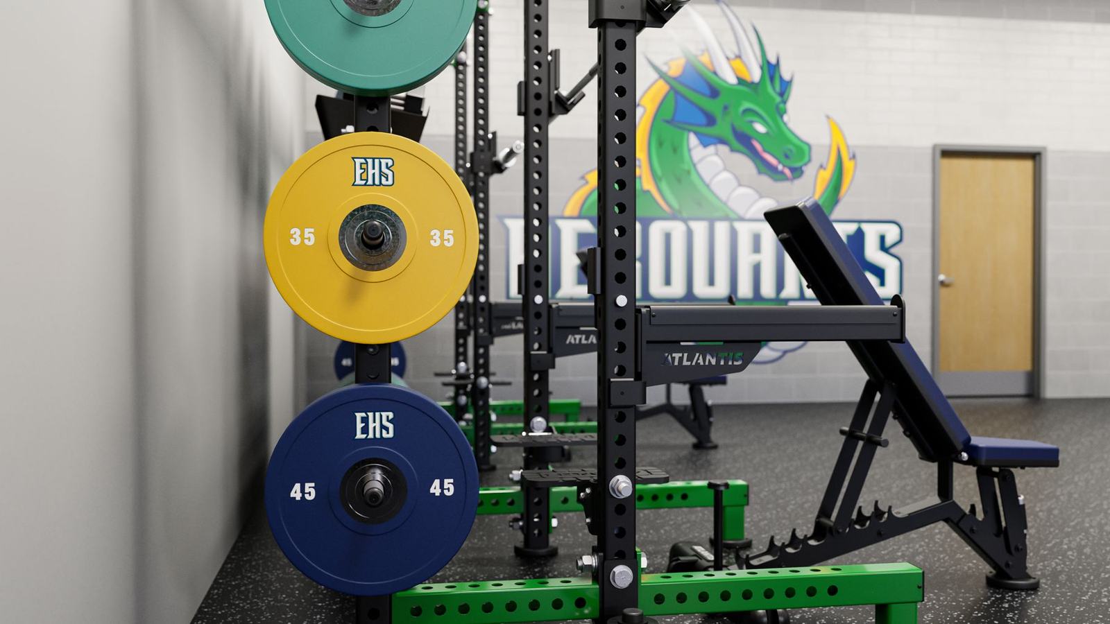 High school weight room: gym design render, view 1