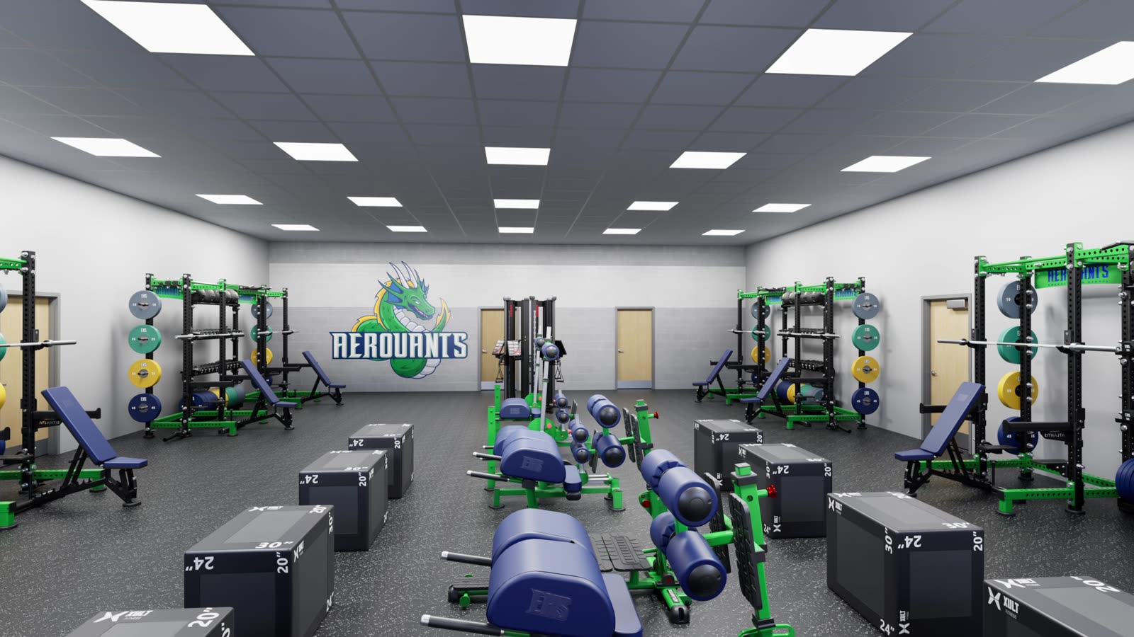 High school weight room: gym design render, view 2