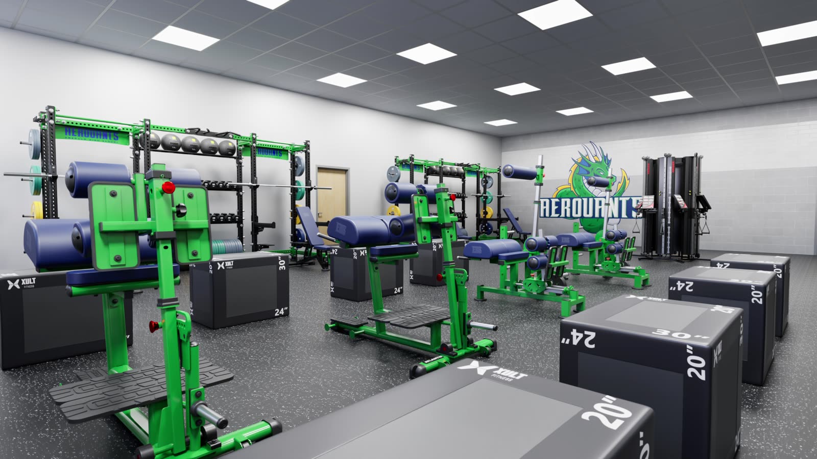 High school weight room: gym design render, view 3