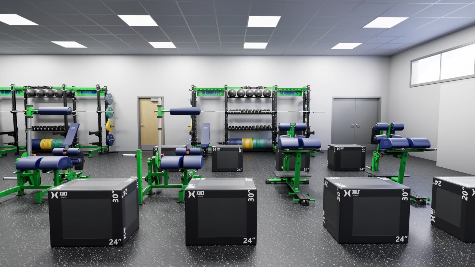 High school weight room: gym design render, view 4