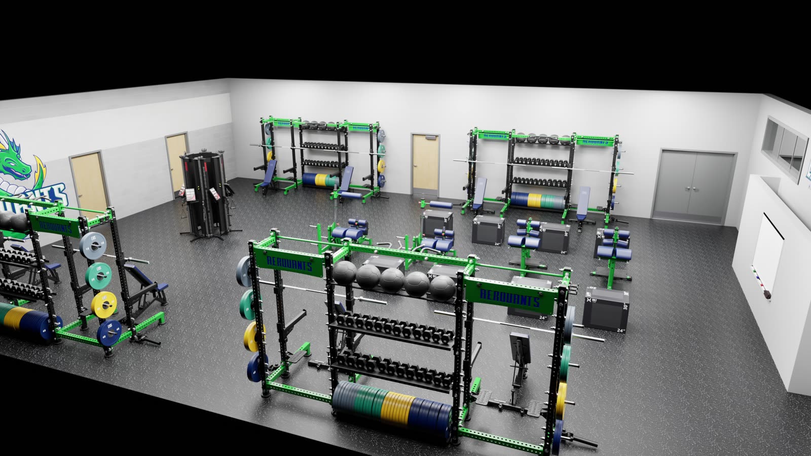 High school weight room: gym design render, view 5