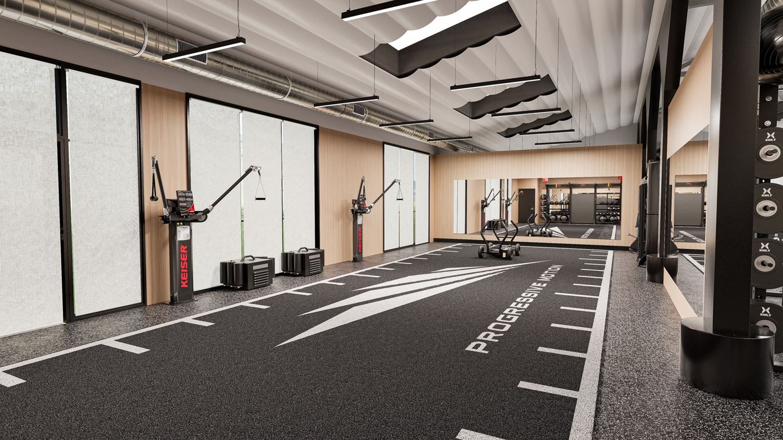 Physical therapy and performance clinic design with training floor