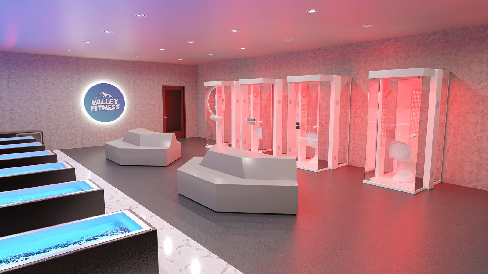 Recovery and wellness space design with cold plunge tubs and red light booths